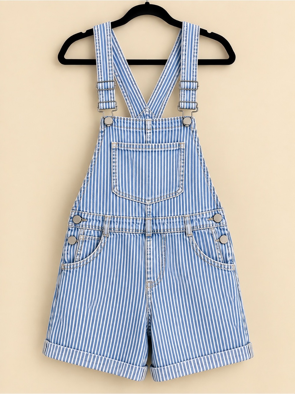 No Boundaries Blue & White Striped Short Overalls